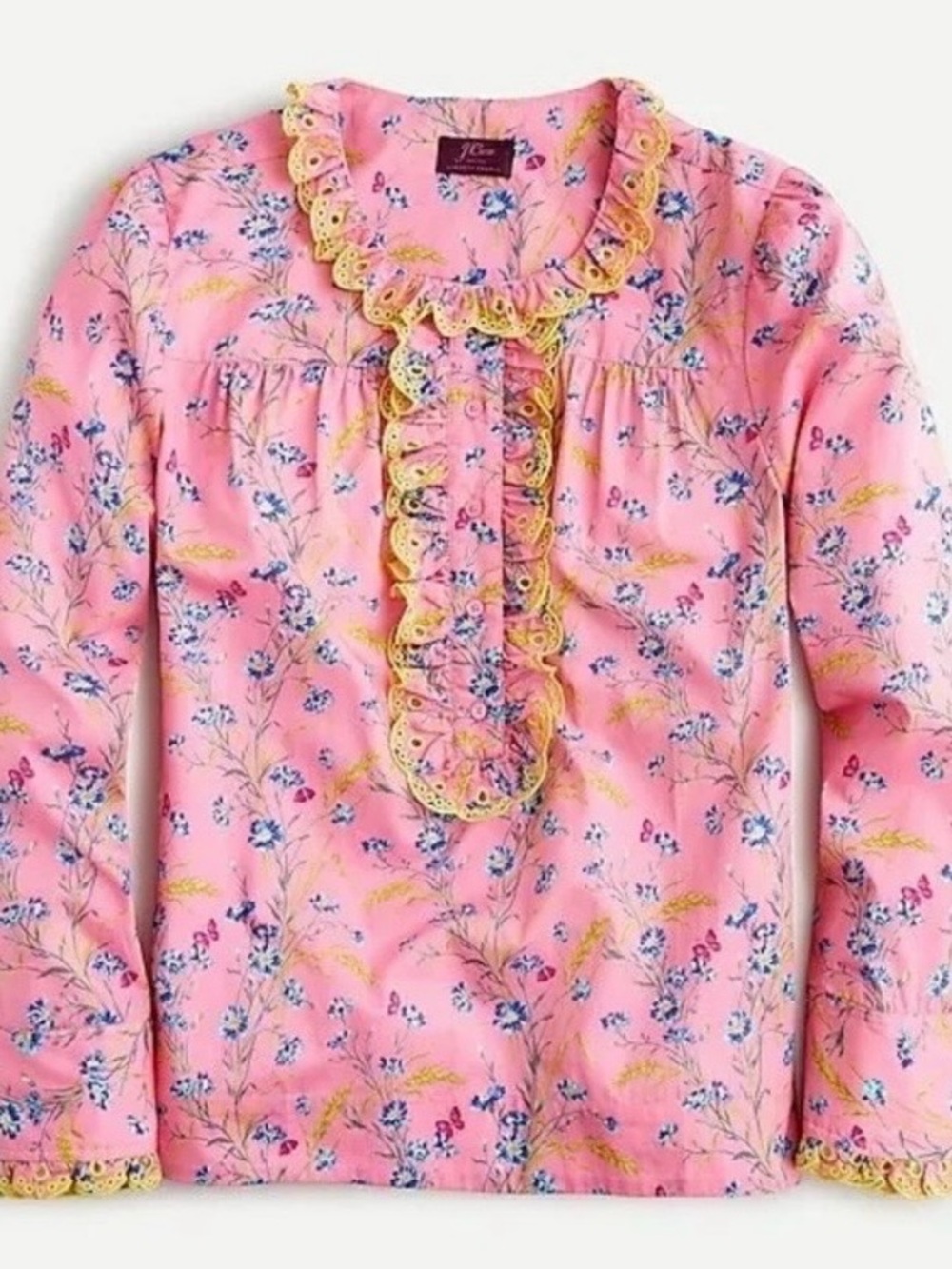 J Crew Summery Floral Pink Ruffle Blouse Liberty Wheat Bouquet Print- XXS
